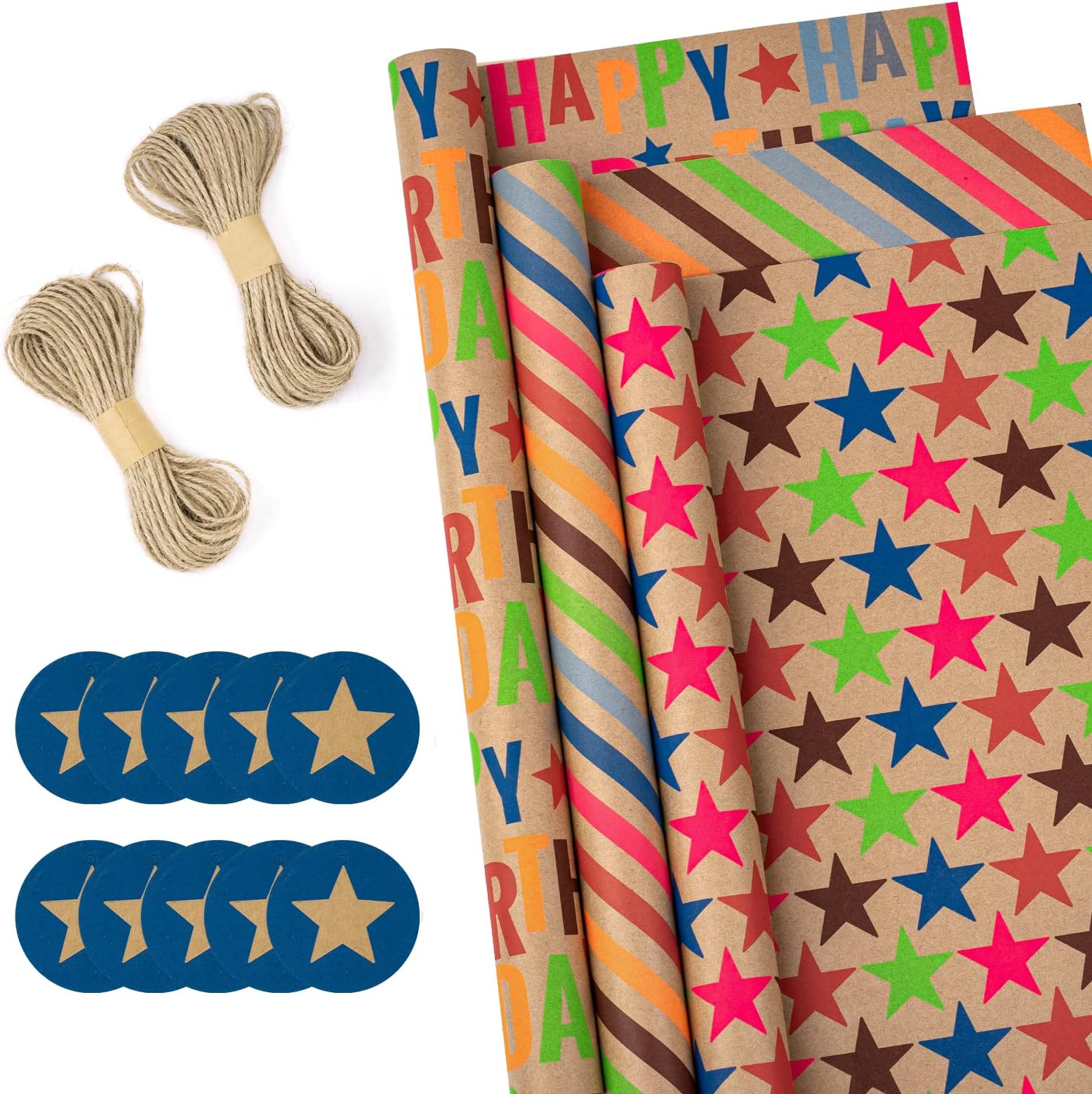 BIOBROWN Kraft Birthday Wrapping Paper with Tags and Jute String - 17 Inch X 10 Feet per Roll, 3 Rolls - Star, Birthday, Stripe Designs for Kids Boys Girls Baby Shower Birthday