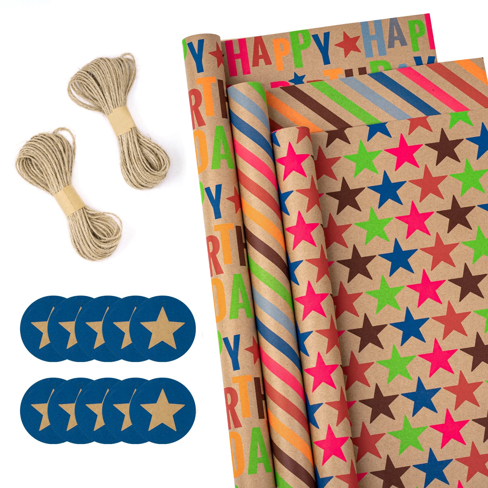 BIOBROWN Kraft Birthday Wrapping Paper with Tags and Jute String - 17 Inch X 10 Feet per Roll, 3 Rolls - Star, Birthday, Stripe Designs for Kids Boys Girls Baby Shower Birthday