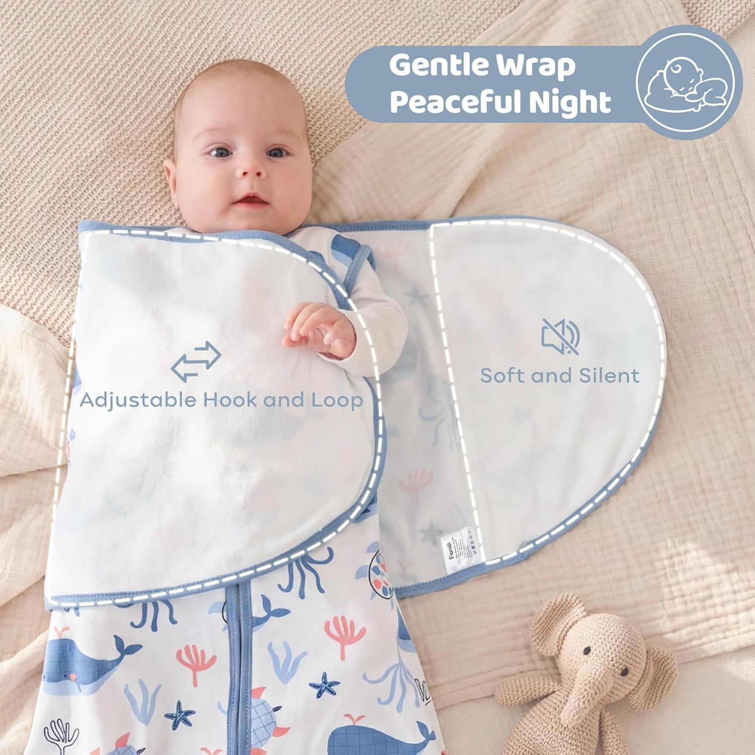 Baby Swaddle Sleep Sack 0-3 Months, Cotton Swaddles for Newborns Boys Girls, 2-Way Zipper Transitional Infant Wearable Swaddling Blanket with Quiet Closure, 0.5 TOG 2 Pack Soft Blue Whale