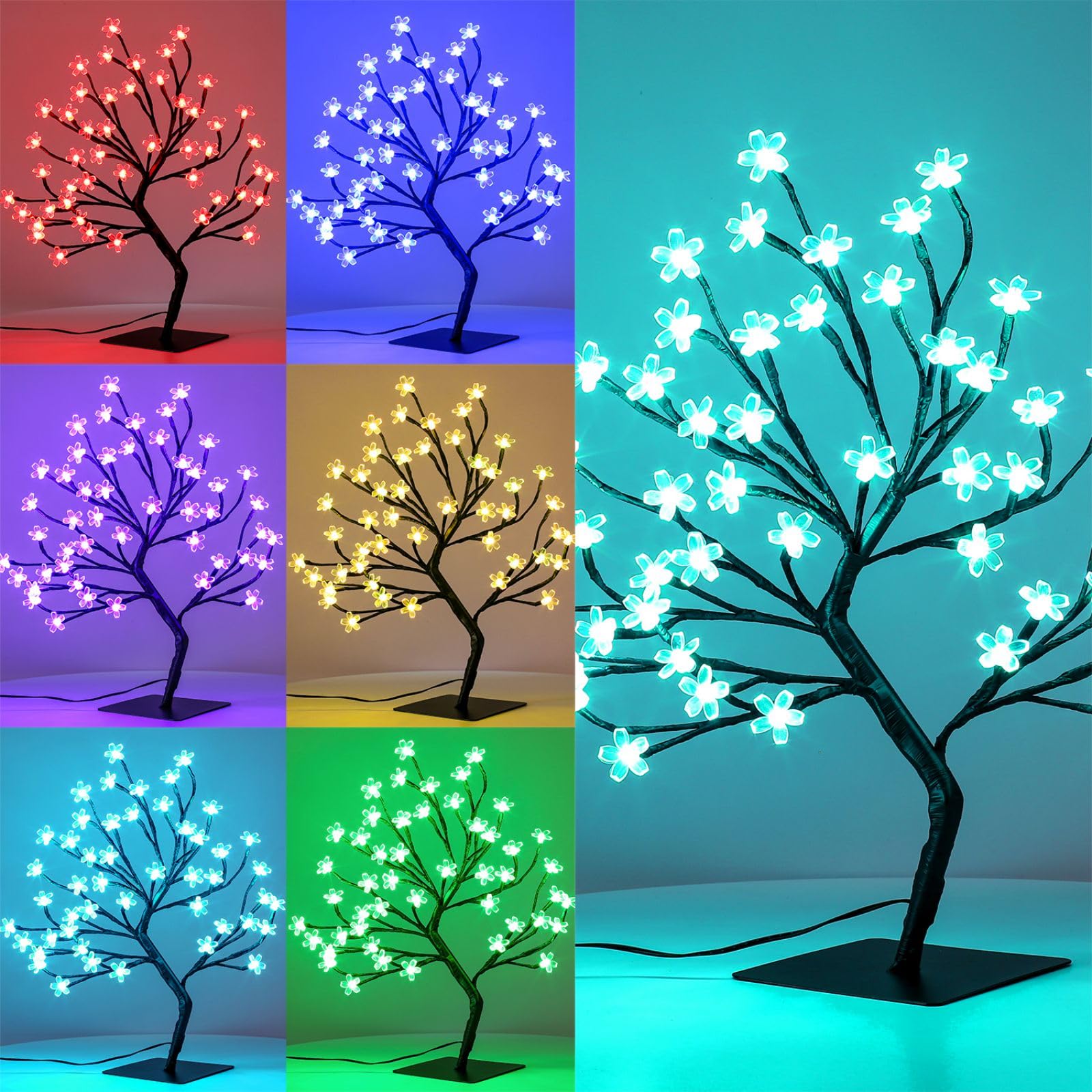 48 LED Artificial Lighted Cherry Blossom Tree - Cherry Blossom Bonsai Tree 16 Color-Changing Metal Base Night Lights for Christmas Wedding Party