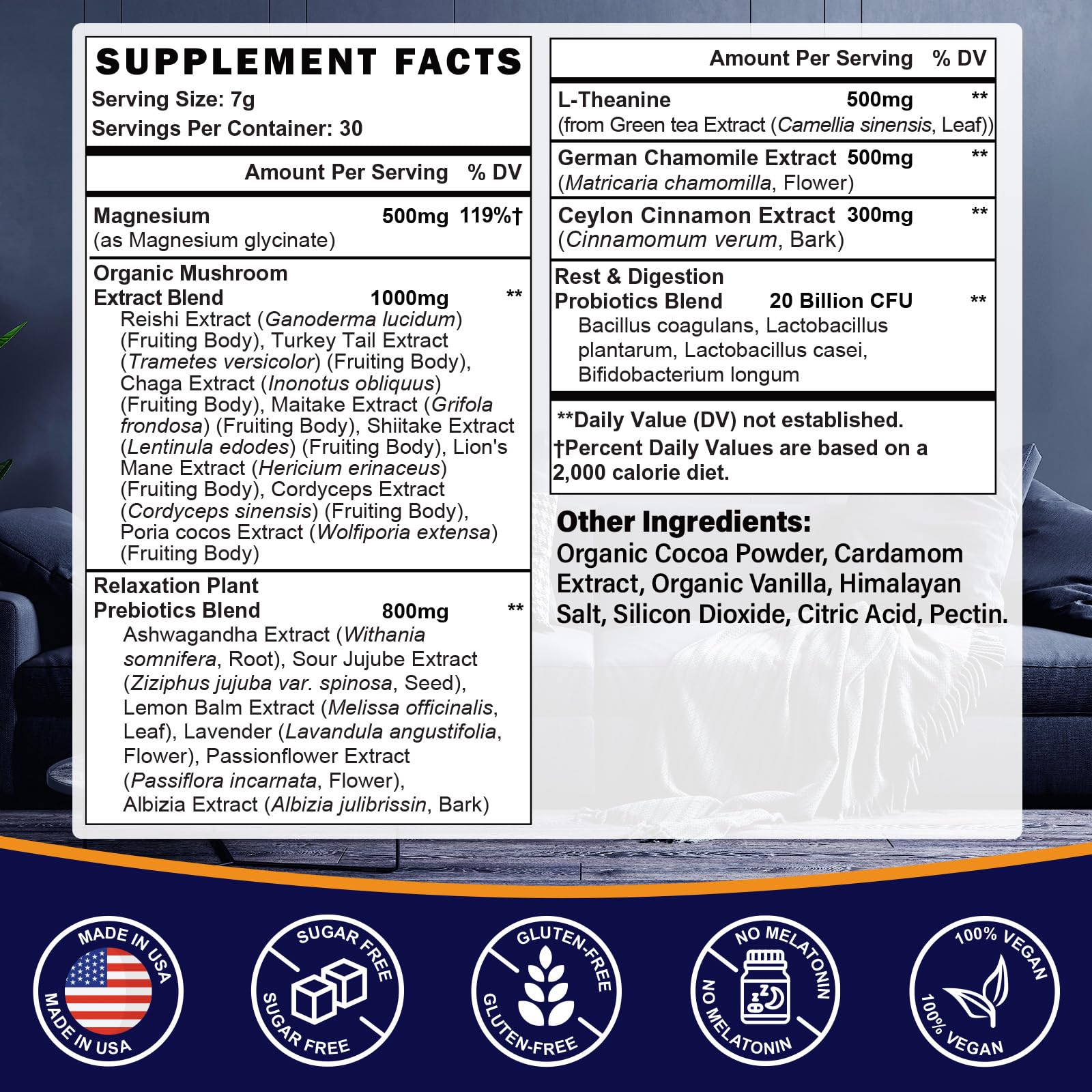 Mushroom Hot Cocoa Powder with Magnesium Glycinate, Ashwagandha, L-Theanine — Amazon image 2
