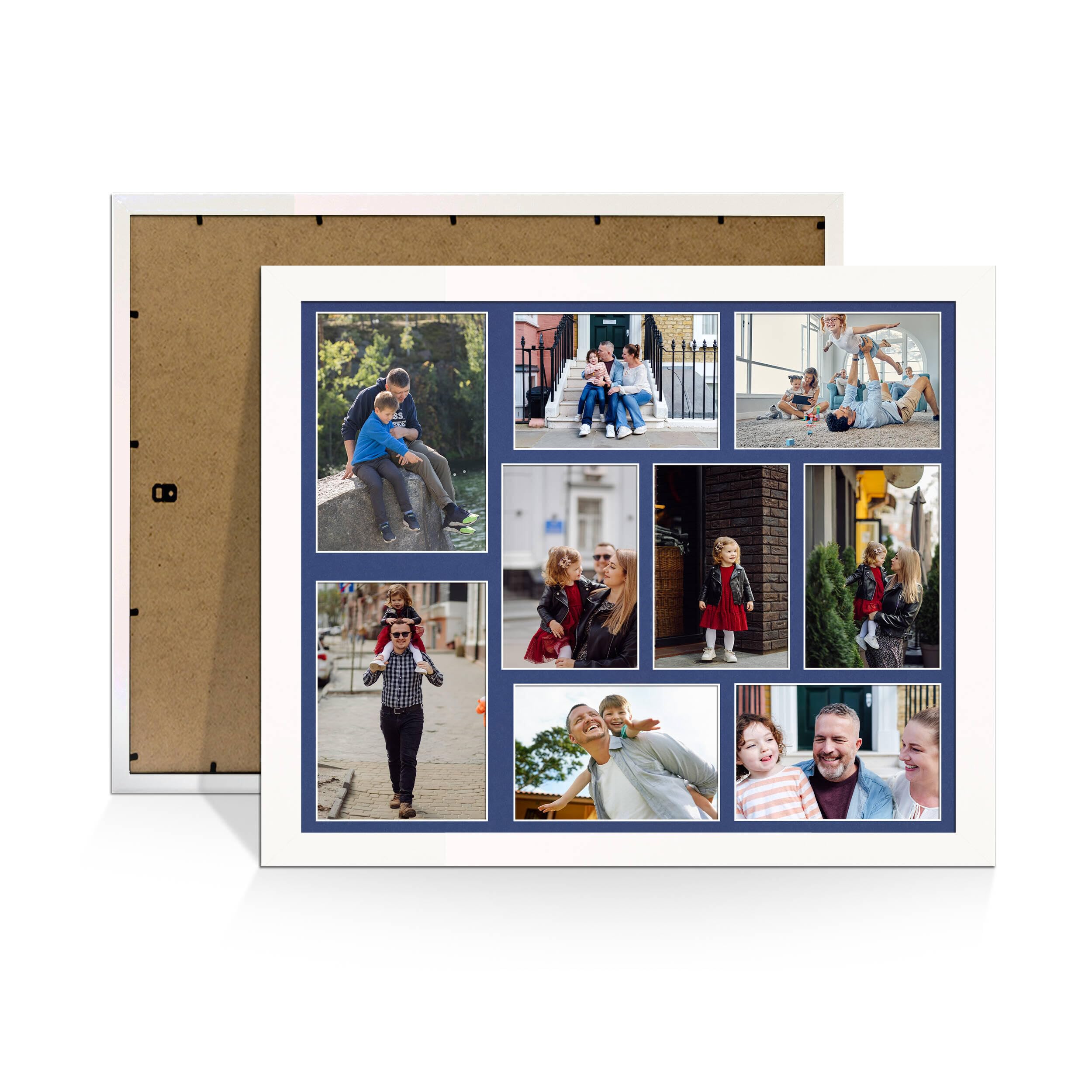 Alison Kingsgate White 20x16 Photo frames for multiple pictures - Collage Frame for 9 Pictures with Blue Mount - Holds (2x) 7x5 & (7x) 6x4 Photos - Engineered Wood & Perspex โ image 1