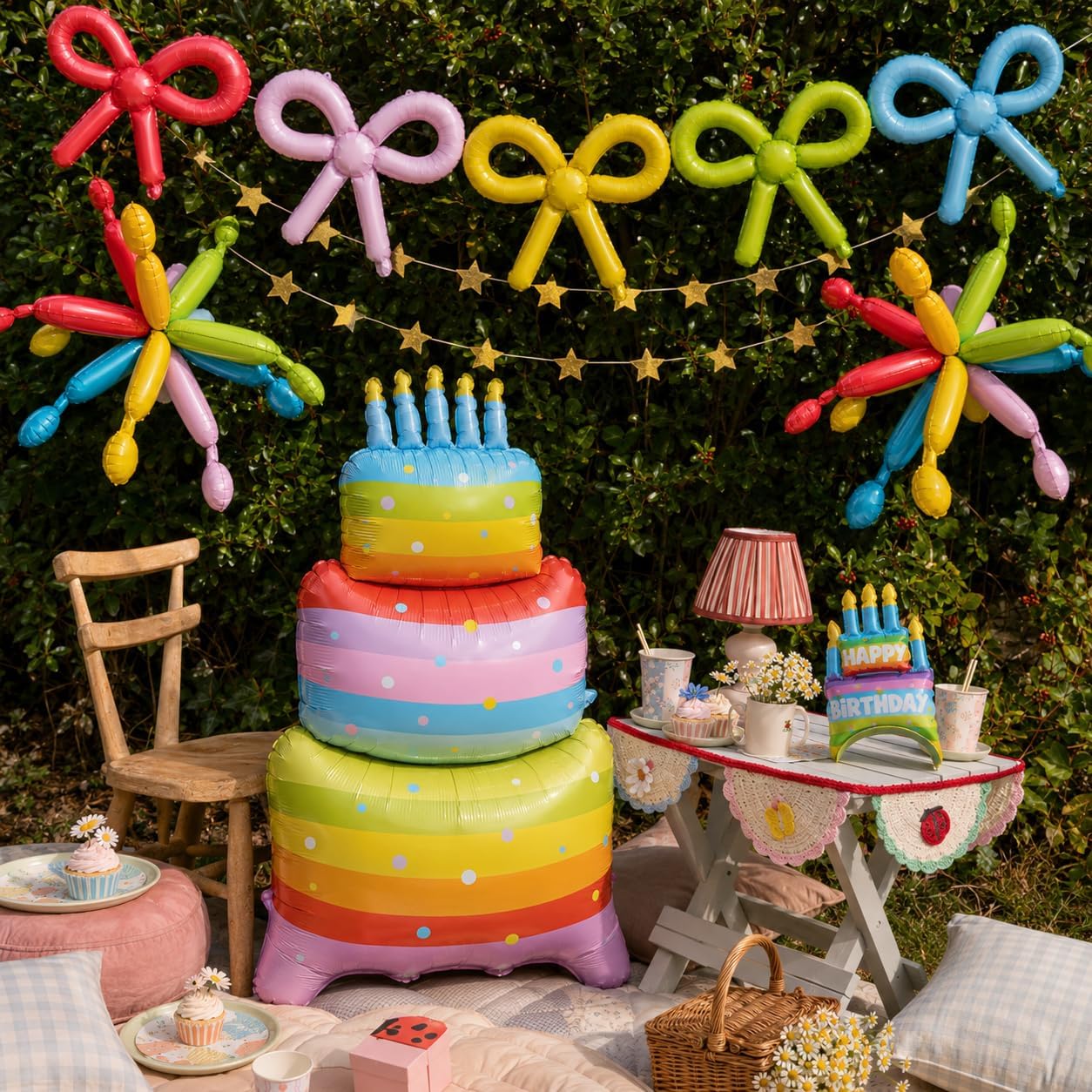 Rainbow Birthday Decoration Set 10Pcs - Giant 47" Inflated Standing Cake Foil Balloon No Helium Required, Hanging Ceiling Firework & DIY Bow Balloons, Star Banner, Hat Headband for Kids Party