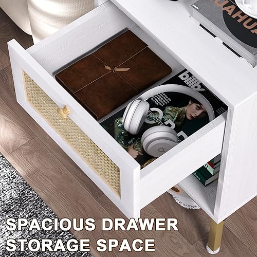 Miniatura 6 de Juego de 2 mesitas de noche blancas con estación de carga, mesita de noche de ratán con cajón de ratán, juego de 2 mesas de noche bohemias con