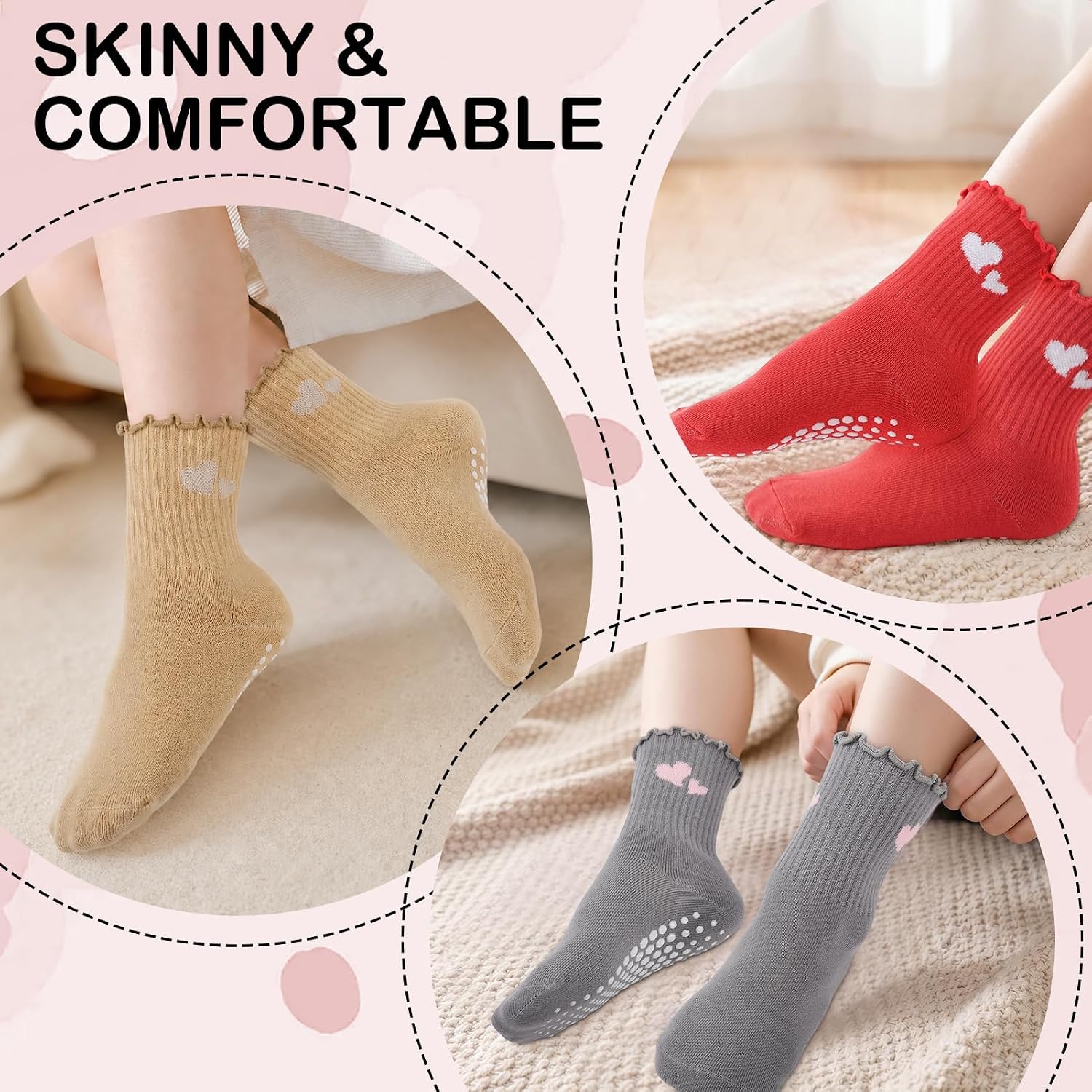 9 Pairs Toddler Girls Ruffle Grip Socks, Non Slip Anti Skid Cute Frilly Crew Socks with Heart Pattern for Kids 3-5 Year Old