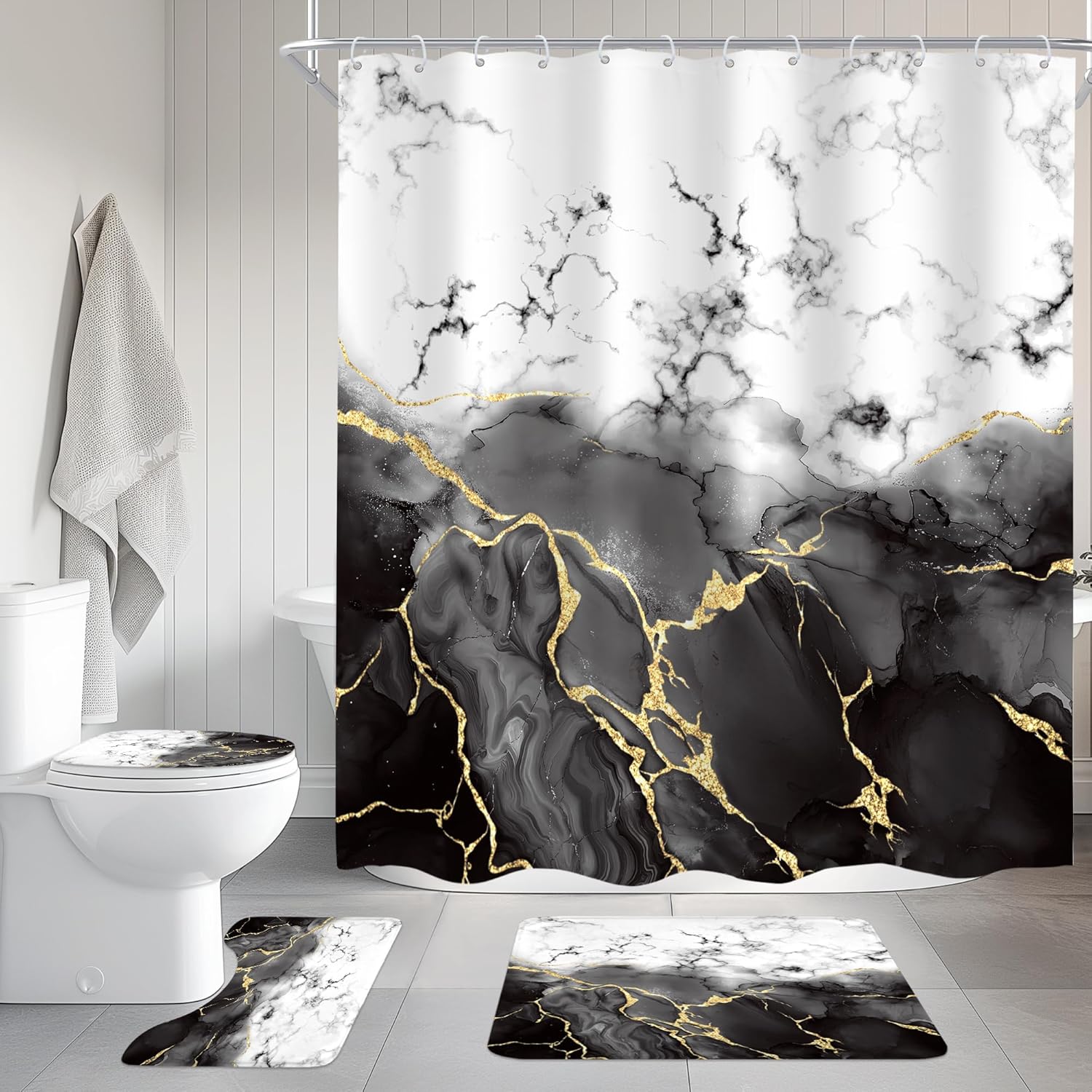 Cinbloo 4Pcs Black Gold Marble Shower Curtain Set, Abstract Cracked Lines Modern Minimalist Bathroom Curtain with Rug, Toilet Lid Cover, Bath Mat, Luxury Aesthetic Shower Curtain with 12 Hooks