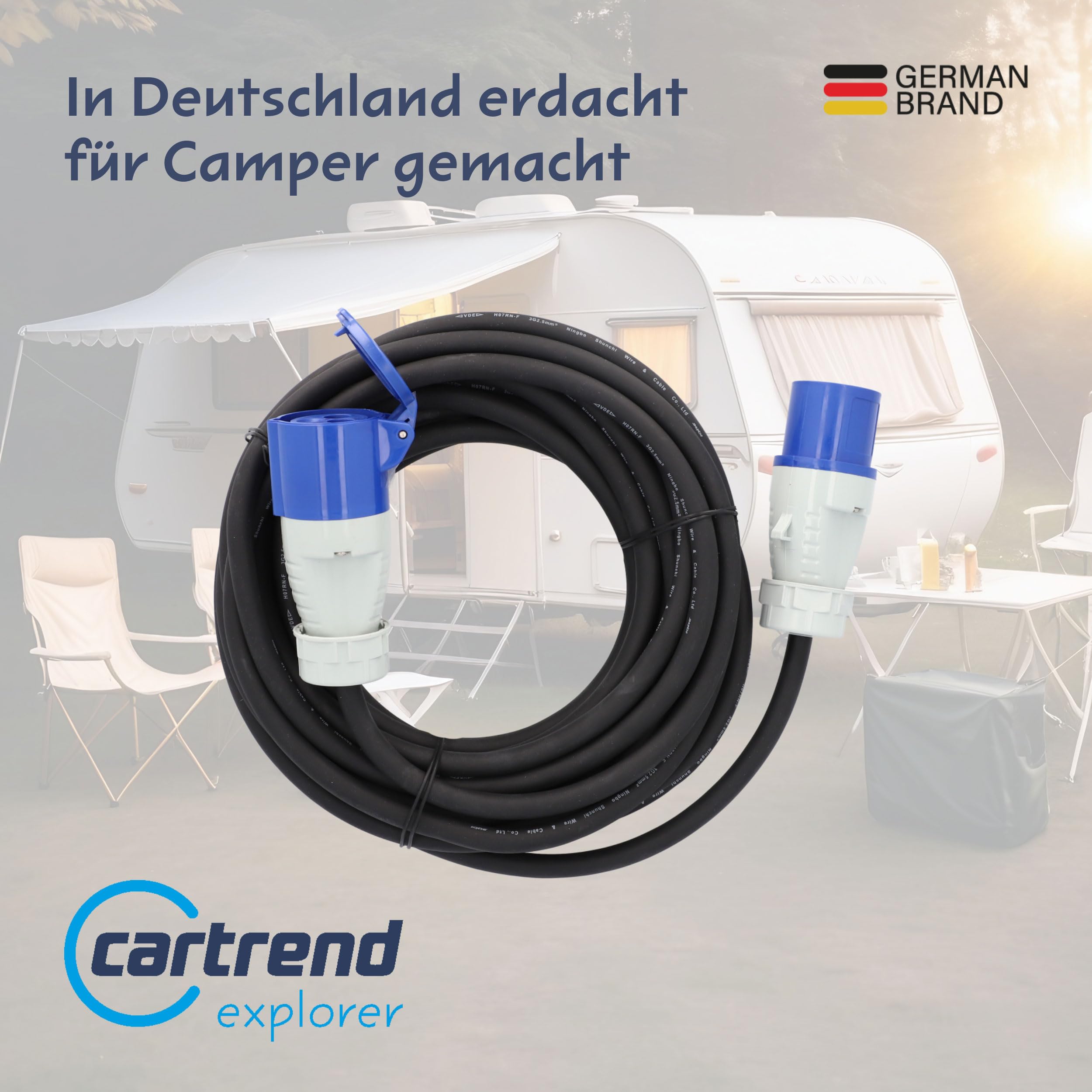 cartrend Explorer CEE przedłużacz z 3-biegunową wtyczką CEE z pokrywą na zawiasach, przedłużacz do użytku na kempingu i na zewnątrz, odporny na olej, promieniowanie UV i ozon, IP44, 10 m, czarny