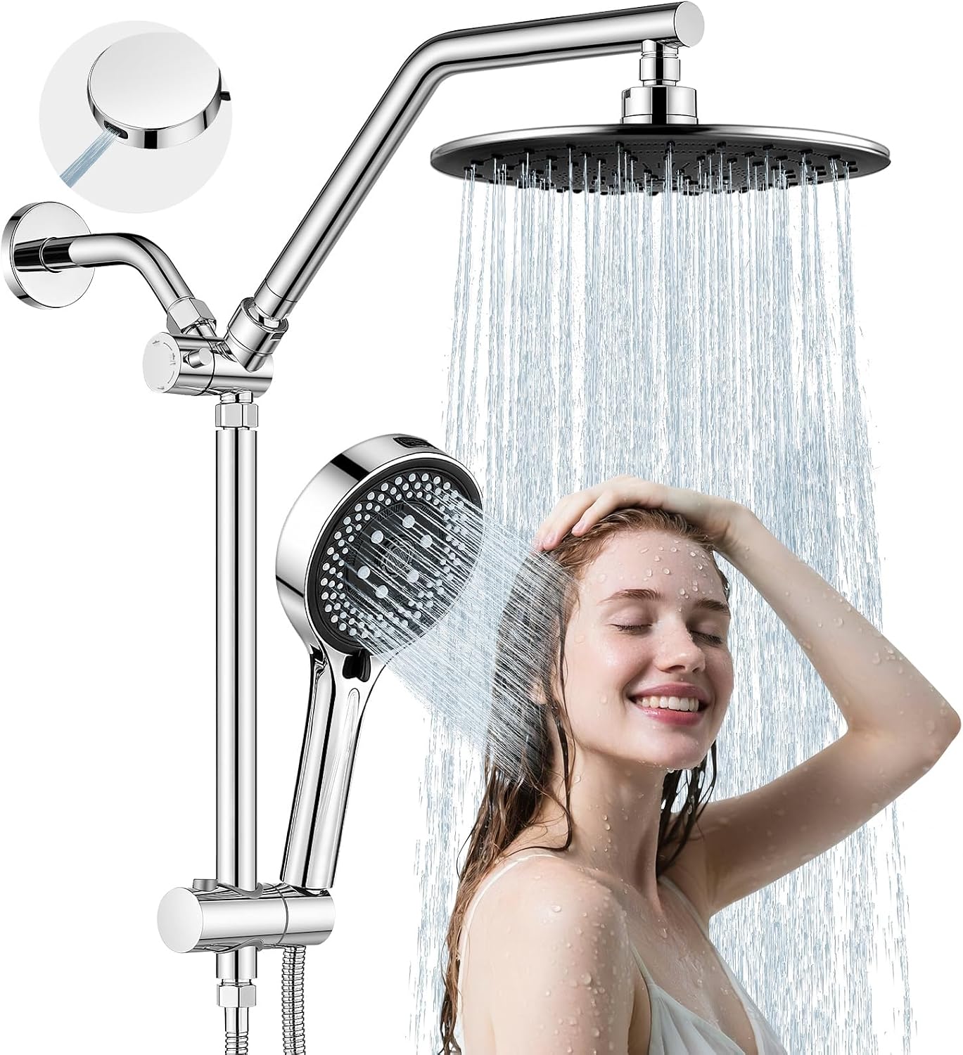 Dual Shower Head with Handheld Combo High Pressure Chrome,Slide Bar | No drilling required, 9-inch detachable shower head, multi-function handheld shower, power wash, adjustable slide bar, G1/2