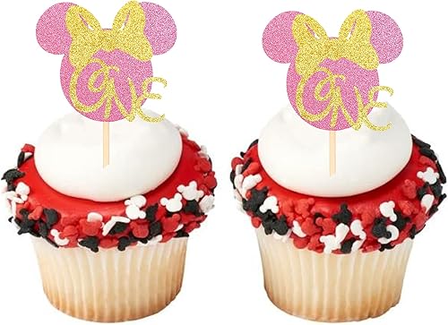 Miniatura 3 de Paquete de 24 adornos inspirados en ratones para cupcakes con purpurina de Minnie para el primer cumpleaños, baby shower, tema de Minnie para niños,