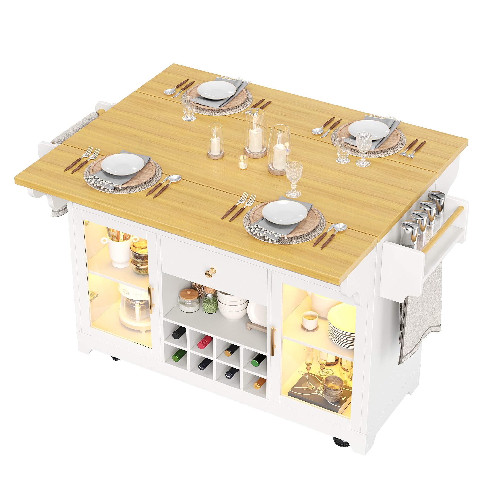 MURUL Carrito para servir blanco, isla de cocina plegable con iluminación LED RGB, carrito de bar móvil con botellero y estantes ajustables, superficie de trabajo de 120 cm