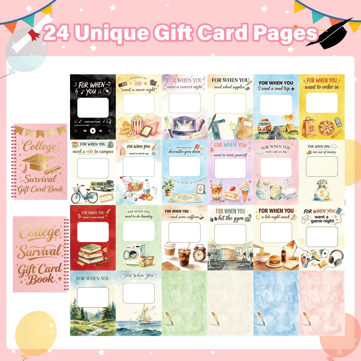 2026 College Survival Gift Card Book 7.9x5.5 Inch, 25 Page Graduation Cash Holder Booklet with 25 Transparent Bags & Dot Stickers, Watercolor Grad Presents for High School University Seniors Girls (Pink) image 2