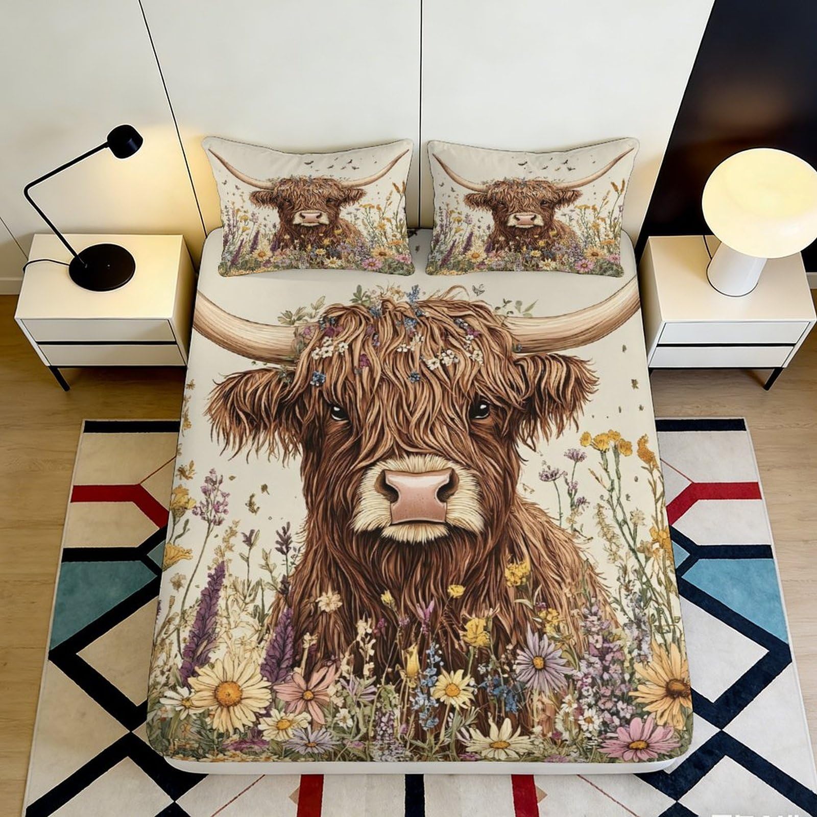 Jqzkxnhpbr Style-6 3D Printed Highland Cow Fitted Sheet Microfiber Cartoon Animal Wildflower Mattress Cover For Bedroom Guest Room Decor 90X200x25cm