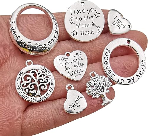Miniatura 2 de Colección de dijes de palabras para mamá familiar, 32 piezas de suministros de manualidades, corazón y luna, palabras de amor, dijes para el día de