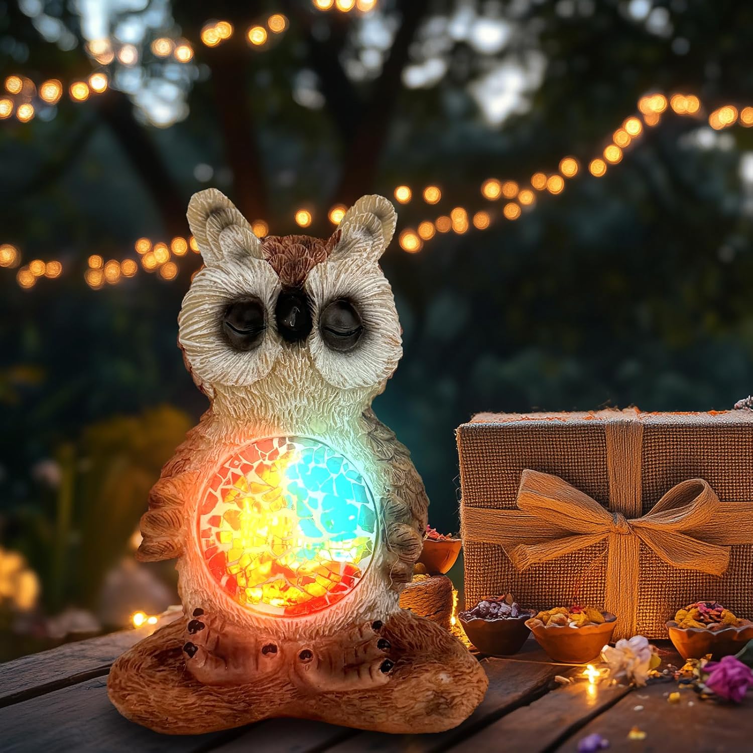Solar Owl Garden Statues Decor for Outdoor, Brown Yoga Owl Figurine Lights for Lawn Patio Yard Decoration - Unique Christmas Housewarming Gift for Grandma Wowen Mom