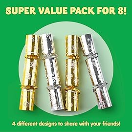 JOYIN 8 Pack Christmas No Snap Party Table Favor with Gold & Silver Snowflake Design, with Party Hat, Joke & Little Gift Inside, for Xmas Gift, Christmas Seasonal Holiday Dinner