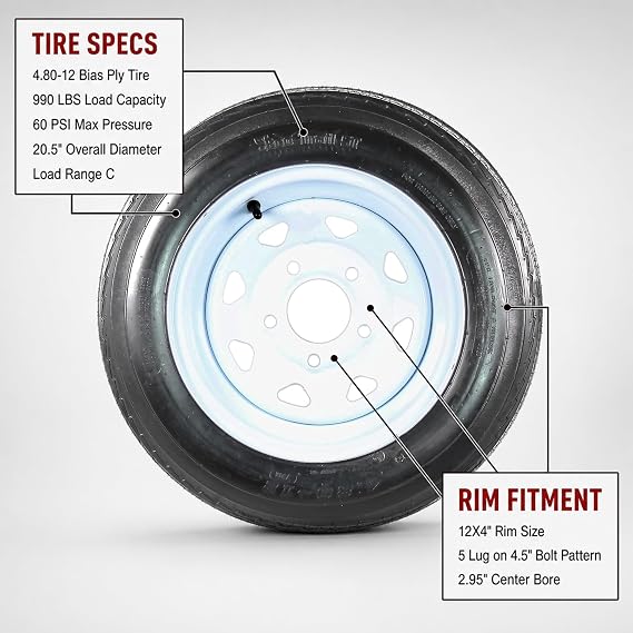 eCustomrim 2-Pack Trailer Tire Rim Assembly 480-12 4.80-12 480 12 Inch Load C 5 Lug White Wheel - w/Free Roadside