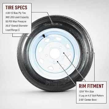 eCustomrim 2-Pack Trailer Tire Rim Assembly 480-12 4.80-12 480 12 Inch Load C 5 Lug White Wheel - w/Free Roadside