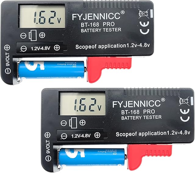 FYJENNICC Digital Battery Tester Battery Checker for AA AAA C D 9V 1.5V Button Cell Batteries (Model: BT-168Pro) (Black 2Pack)