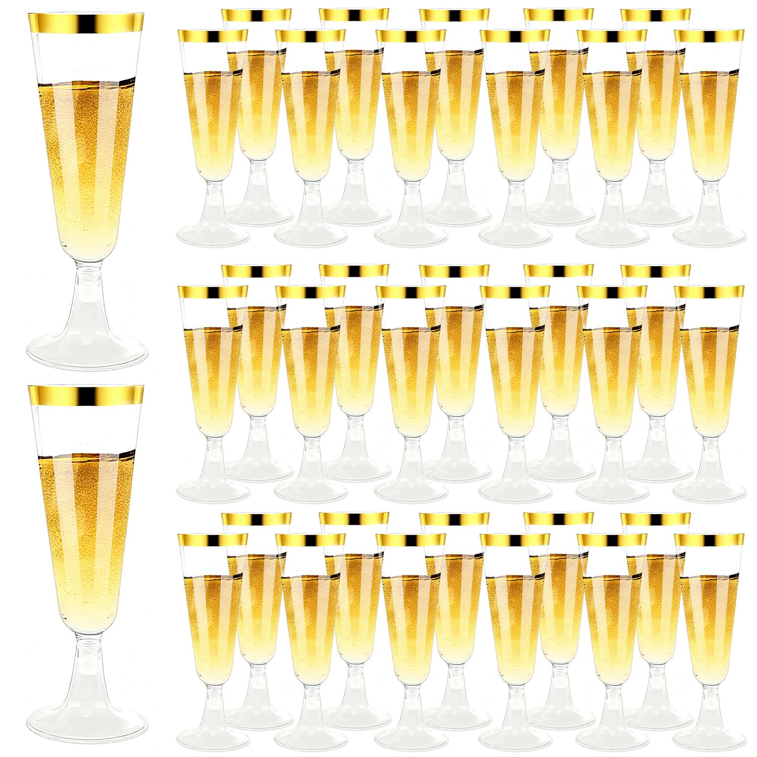 Copas de champán de plástico, 100 unidades, reutilizables, 150 ml, con bordes dorados para bodas, cumpleaños, picnics y fiestas