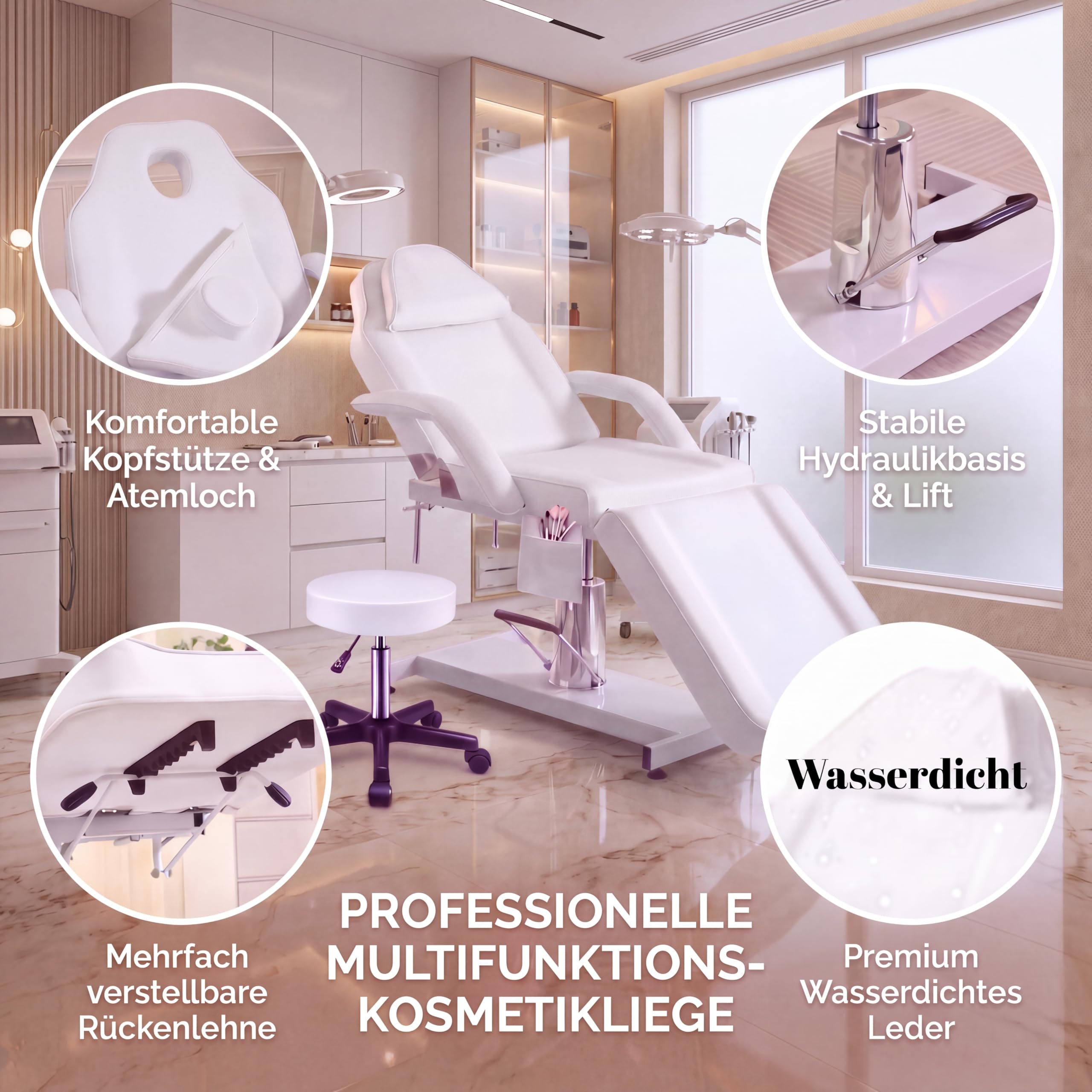 360° Drehbare Professionelle Hydraulisch Kosmetikliege Mit Hocker Verstellbare Massageliege Mit Abnehmbaren Armlehnen & Kopfstütze – Tattooliege Set Für Spa, Tattoo, Gesichtspflege (Weiß)