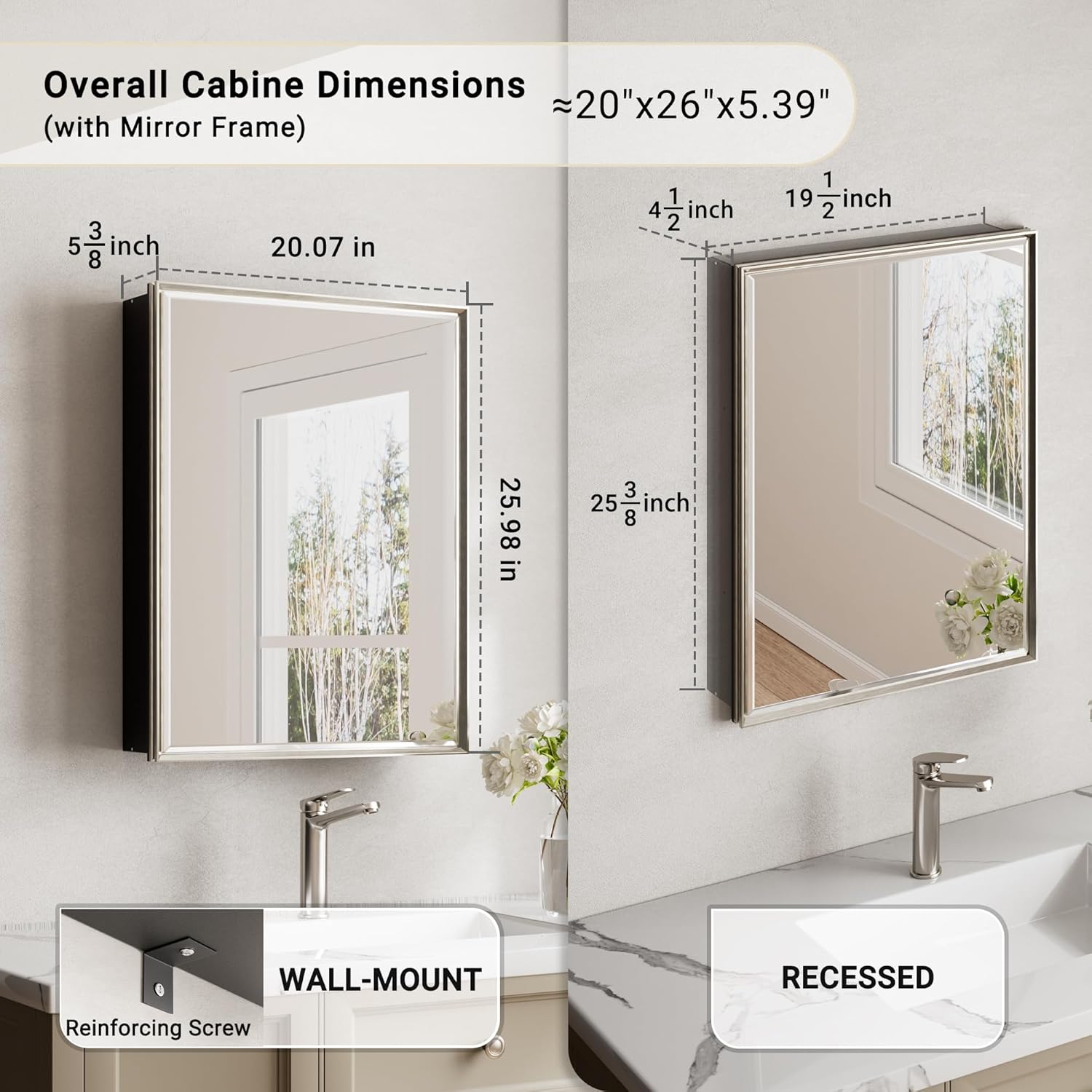 20''x 26'' Brushed Nickel Medicine Cabinet, Recessed or Surface Framed Medicine Cabinet with Beveled Mirror Pre-Assembled, Reversible Bathroom Storage Vanity Cabinet with Adjustable Shelves