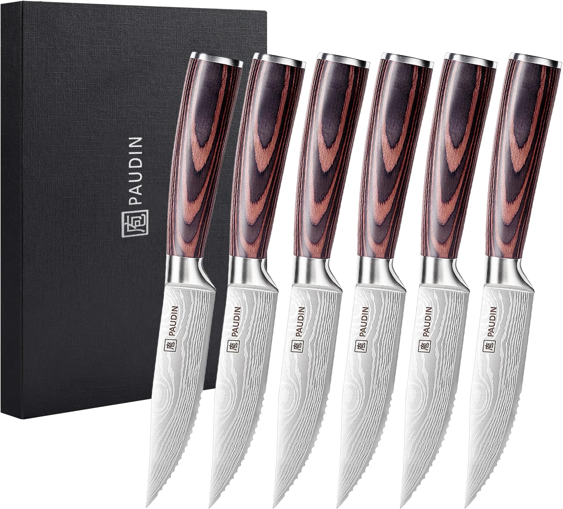 Steak Knives Set of 6, Ultra Sharp Steak Knives 5.25 inch, High Carbon Stainless Steel Steak Knife Set, Serrated Steak Knife with Pakkawood Handle for Steak House Restaurant
