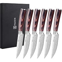 PAUDIN Steak Knives Set of 6, Ultra Sharp Steak Knives 5.25 inch, High Carbon Stainless Steel Steak Knife Set, Serrated Steak Knife with Pakkawood Handle for Steak House Restaurant