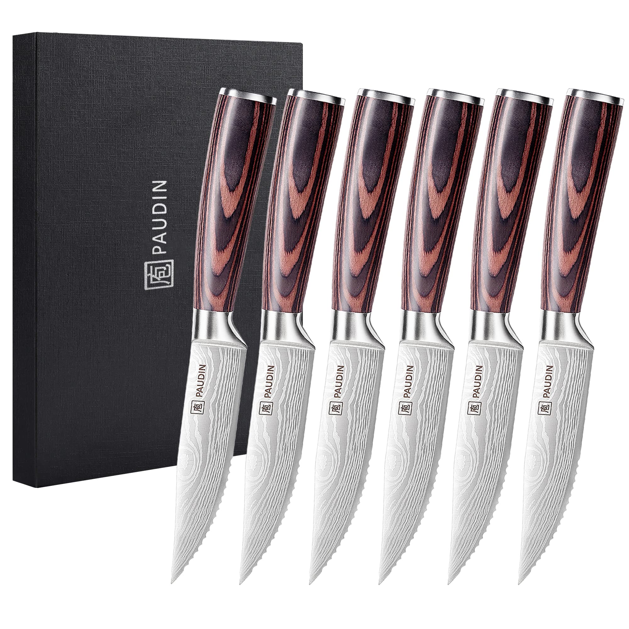 PAUDIN Steak Knives Set of 6, Ultra Sharp Steak Knives 5.25 inch, High Carbon Stainless Steel Steak Knife Set, Serrated Steak Knife with Pakkawood Handle for Steak House Restaurant