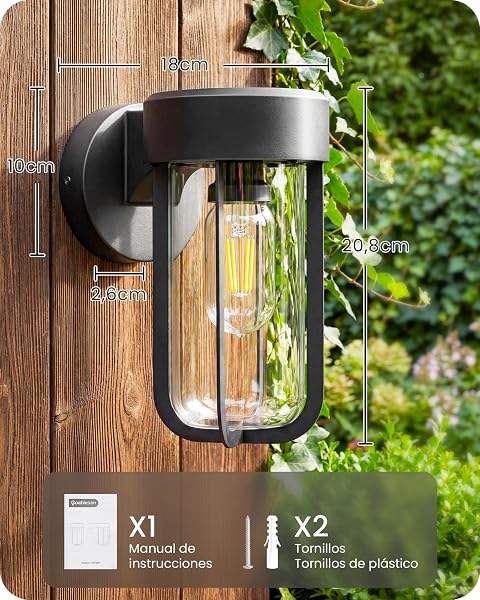 Aplique de Pared para Exterior con Carcasa Metálica y Pantalla de Cristal Transparente, Base E27 (Bombilla no incluida), Protección IP44, Balcón, Porche, Patio, Jardín, Garaje, Pasillo, Negro - 5