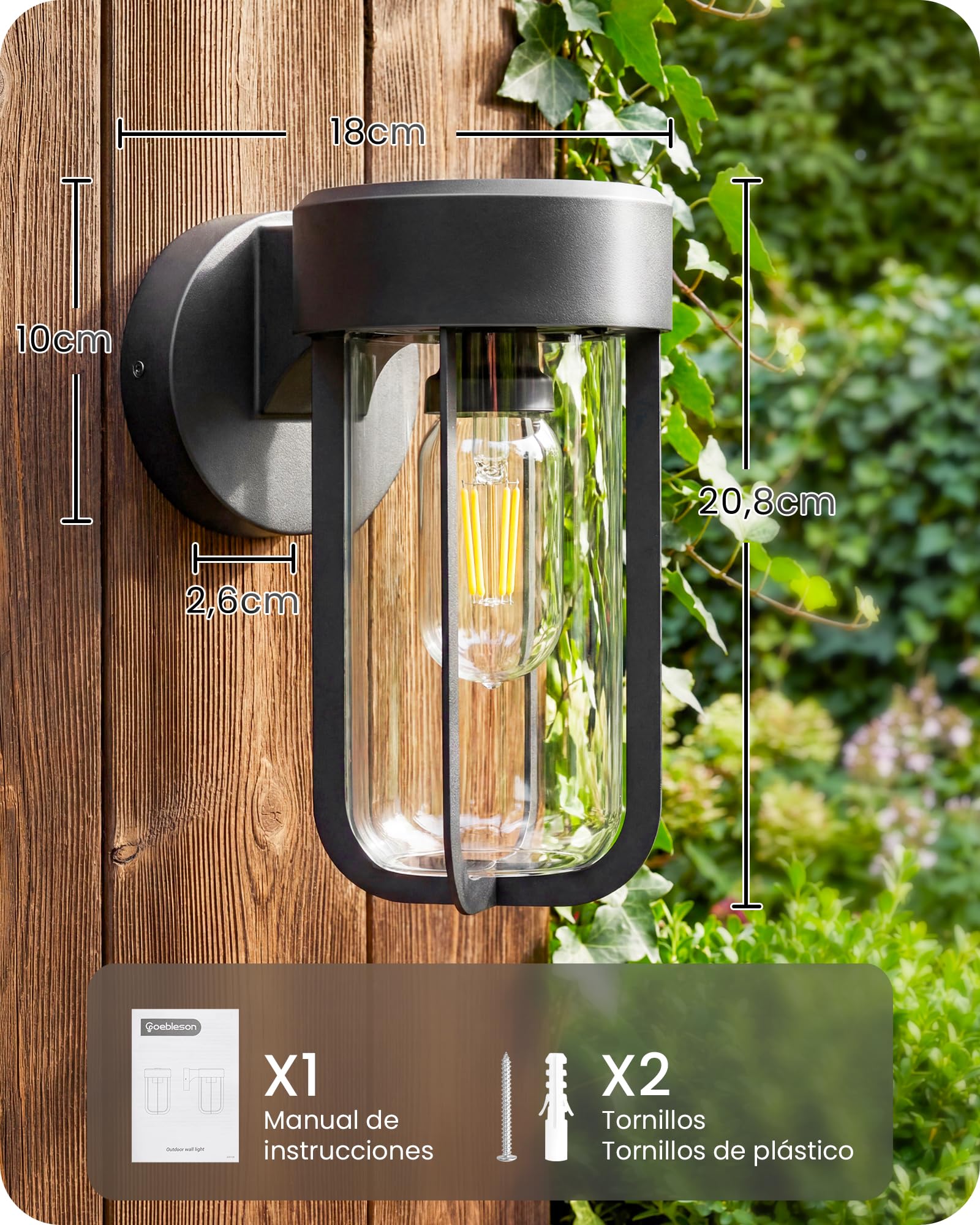 Aplique de Pared para Exterior con Carcasa Metálica y Pantalla de Cristal Transparente, Base E27 (Bombilla no incluida), Protección IP44, Balcón, Porche, Patio, Jardín, Garaje, Pasillo, Negro — view 5