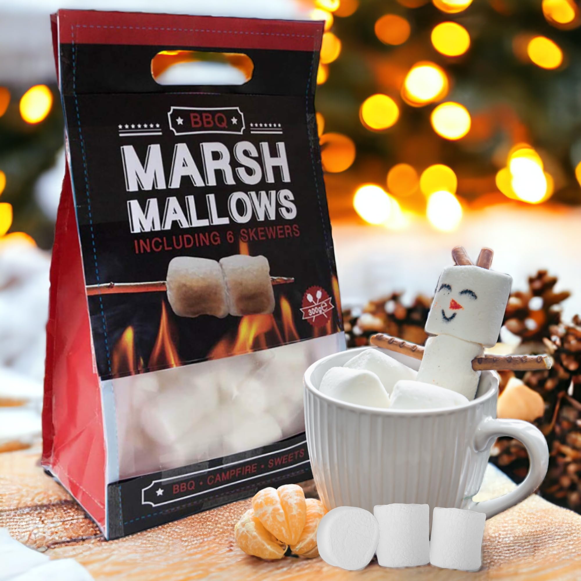 BBQ Marshmallows – Barbecue uczta na słodycze – puszyste, beztłuszczowe i bezglutenowe – cukierek piankowy do przeżyć przy ognisku, worek 300 g z 6 drewnianymi patyczkami – czekoladowe fondue lub