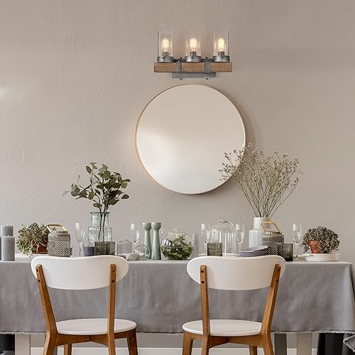 Miniatura 2 de LOG BARN Lámpara rústica para tocador de baño, lámpara de pared, 3 luces en madera y vidrio cilíndrico burbujeado