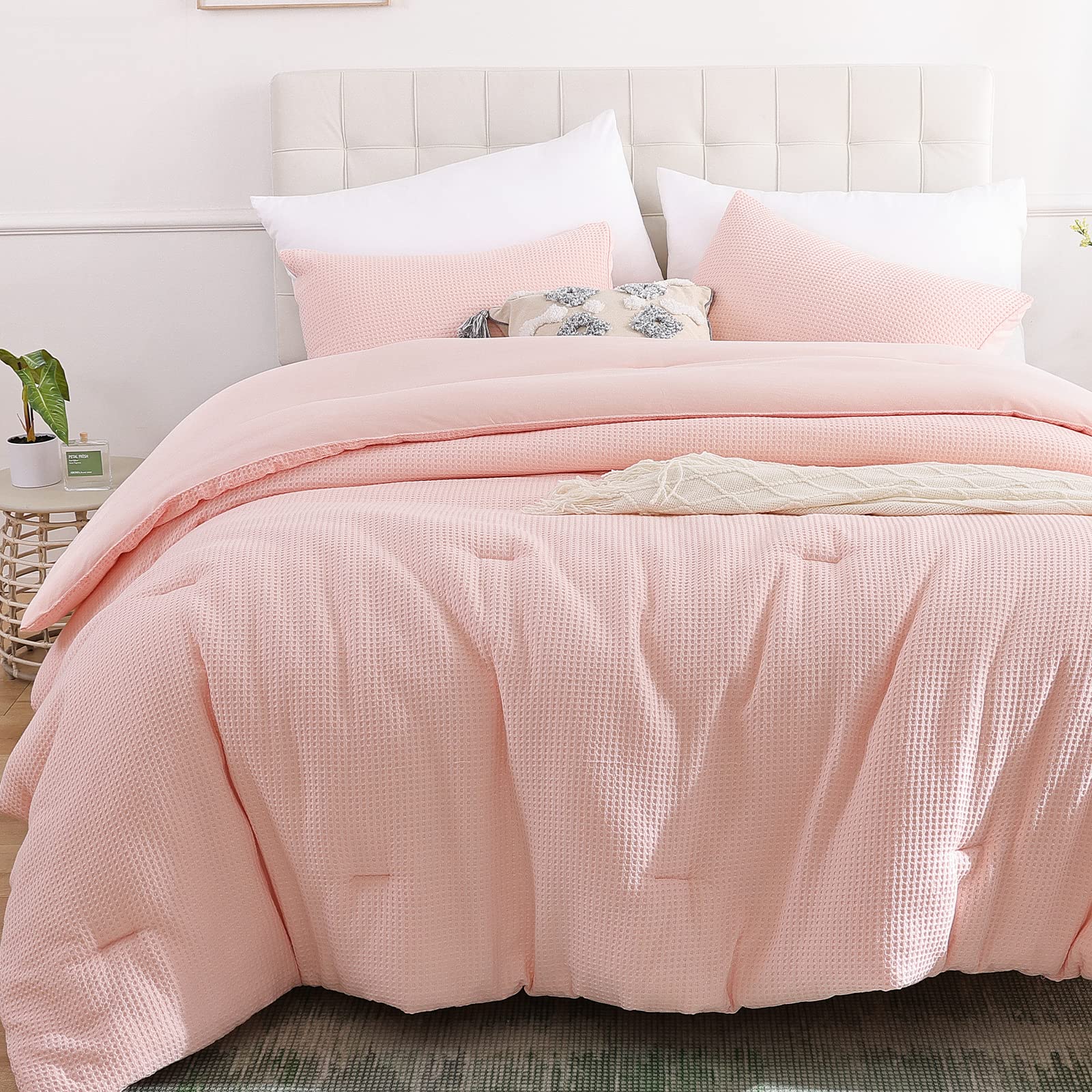 weigelia Pink Queen Comforter Set Cotton Blush Pink Waffle Comforter Set with 2 Pillowcases Soft