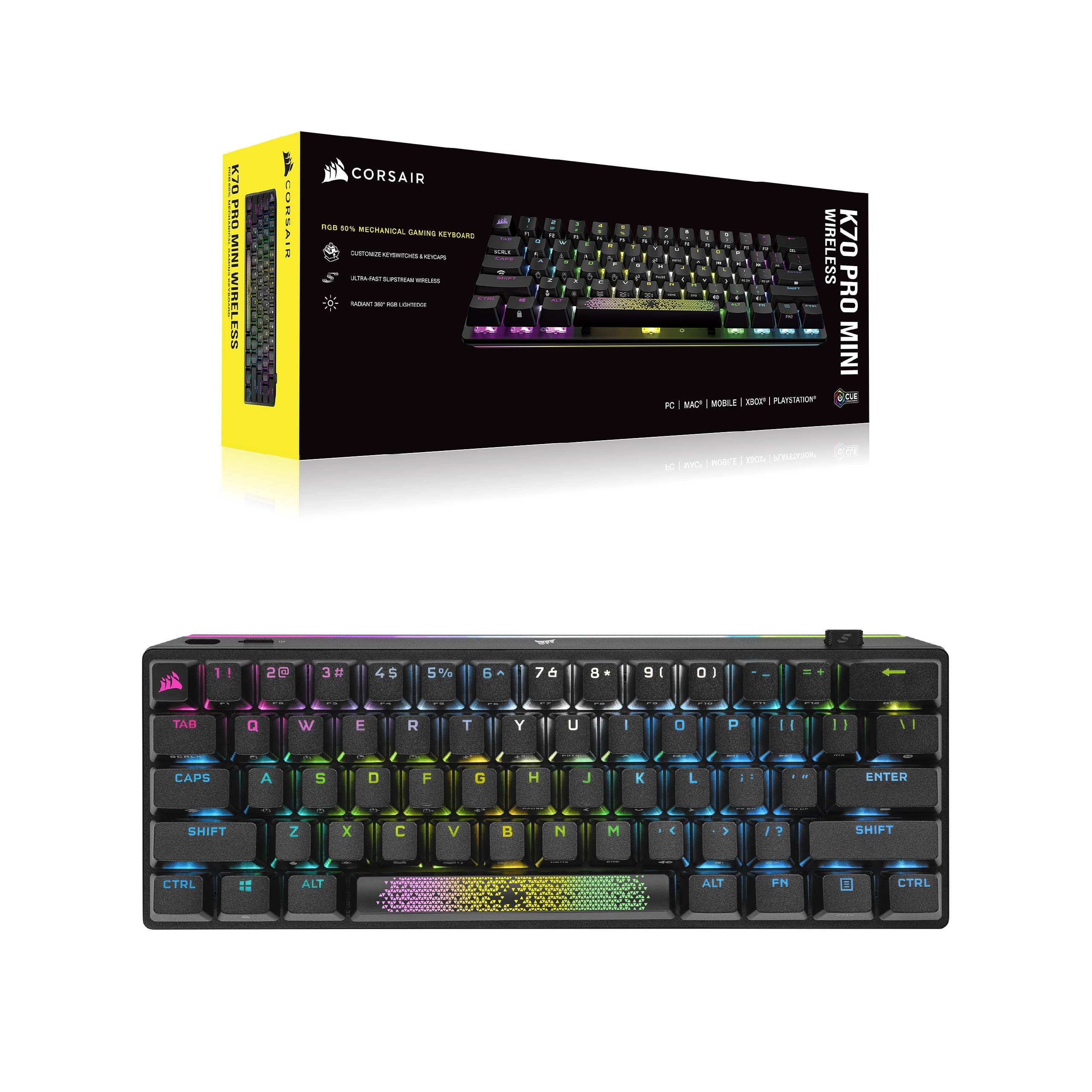 Corsair K70 Pro Mini Wireless RGB 60% Clavier Mécanique de Jeu - Commutateurs Cherry MX Red - Capuchons de Touches PBT Double-Shot - Compatible iCUE - PC, Mac, PS5, PS4, Xbox - AZERTY FR - Noir