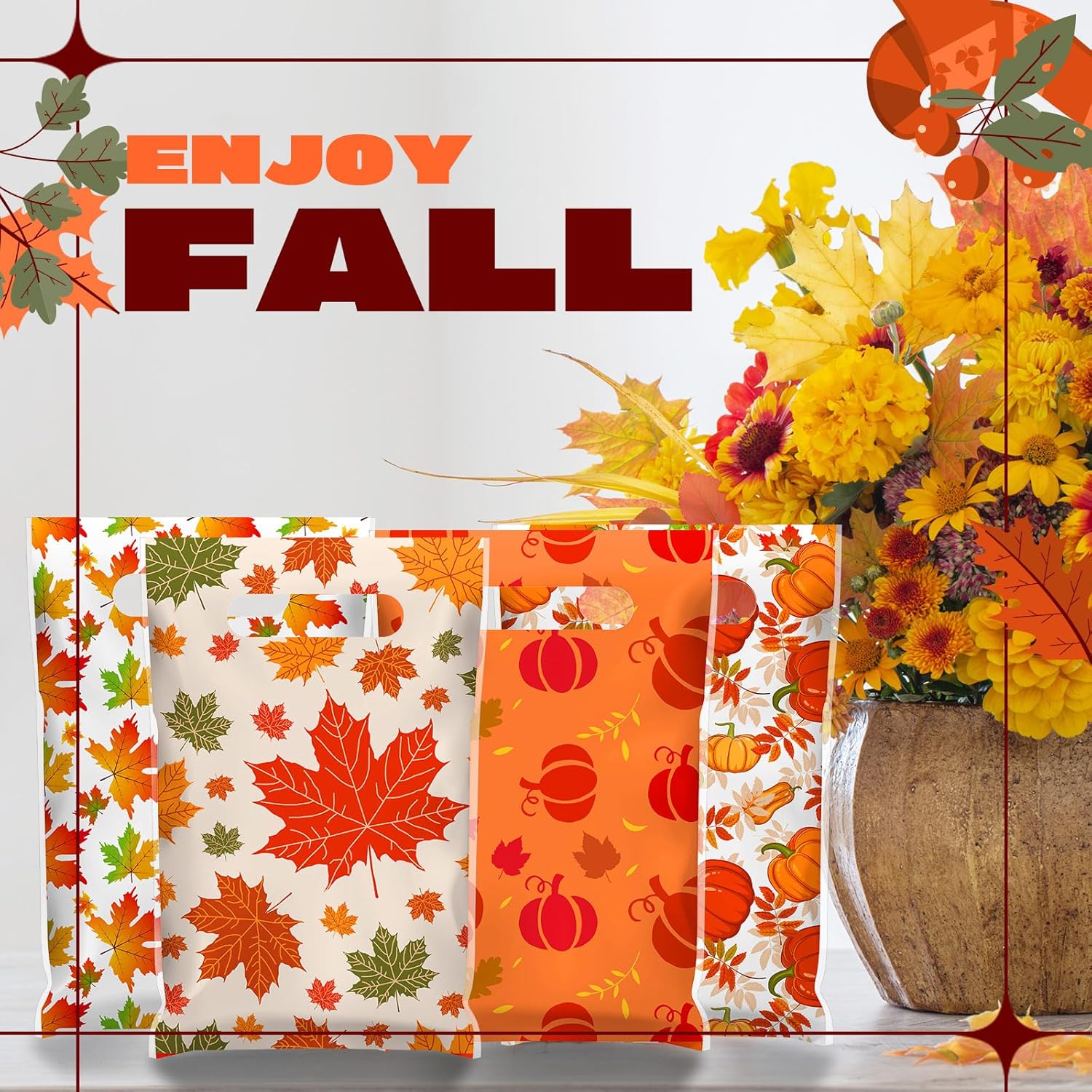 Frienda 100 Pieces Plastic Fall Gift Bags - Maple Leaves Treat Bags for Autumn Candy, Harvest Goodie With Handle - Pumpkin Party Favors for Fall Autumn Party Decor - Image 6