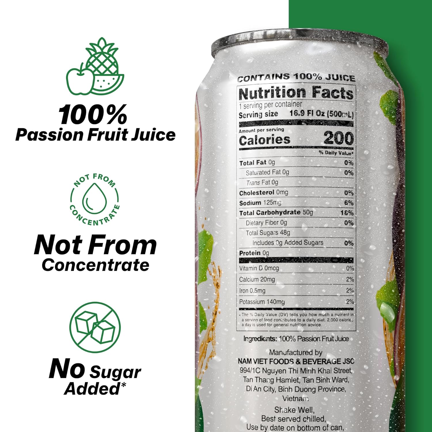 VINUT 100% Passion Fruit Juice, No Added Sugar, Not From Concentrate, 16.9 fl oz (500 mL) Can, Pack of 12