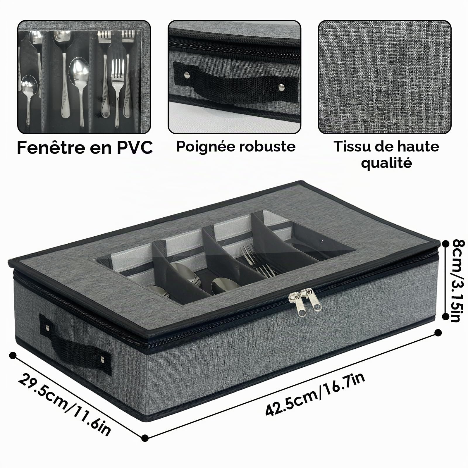 Range Couverts pour Tiroir Avec Couvercle, Boîte de Rangement Couverts de Cuisine Compartiments Réglables, Rangement Cuisine Pour Camping, Voyage, Cuisine, Gris