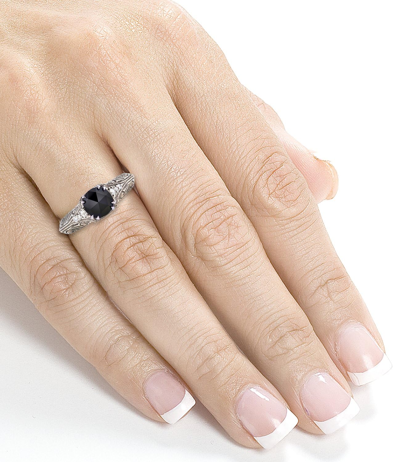 Kobelli Antique Style Round Rose-Cut Black and White Diamond Art Nouveau Engagement Ring 1 CTW in 14k White Gold