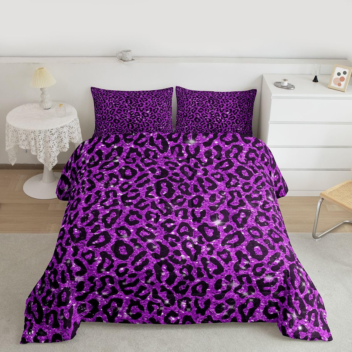 jejeloiu Leopard Bedding Set Soft for Boys Girls, Glitter Comforter Set Queen Size Cheetah Duvet Quilt Microfiber Cow Fur Bedroom Decor 3 Pcs with 2 Pillow Cases