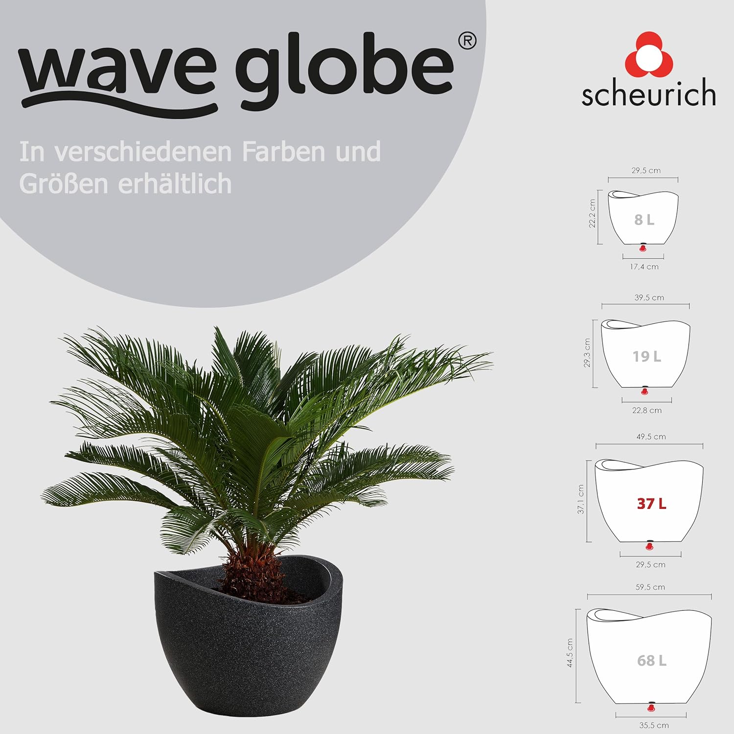scheurich Wave Globe, Planter Made of Plastic, Black-Granite, 50 cm Diameter, 37 cm Height, 37 l Vol.