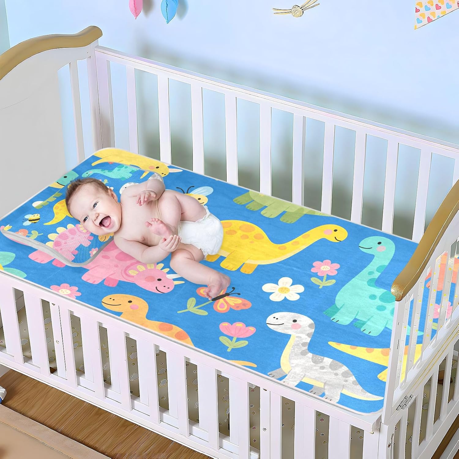 Cartoon Dinosaurs Blue Cooling Baby Mattress Protector Pads 28" x 52" Washable Bed Pads for Adults for Baby&Toddler