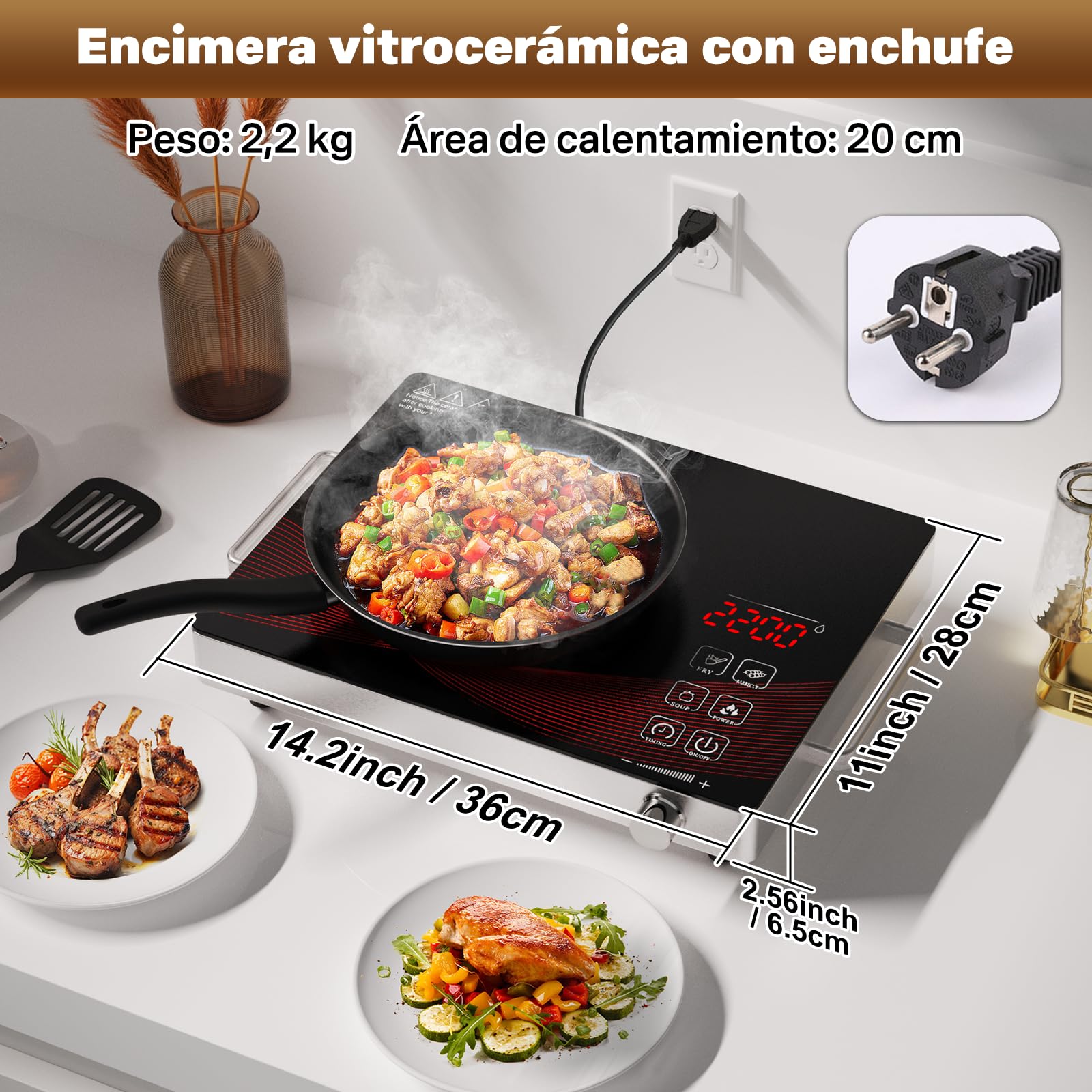Placa Eléctrica 1 Fuego, Placa Vitrocerámica Infrarroja Portátil con Control Táctil y Perilla, Temperatura Ajustable para Cocina y Camping, RR-912-Black