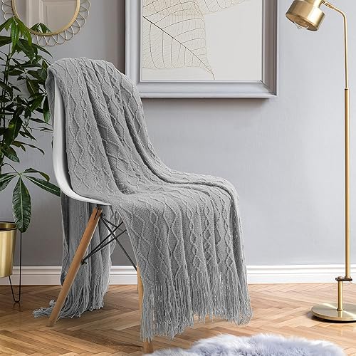 Miniatura 5 de HOMEIDEAS Manta decorativa de punto con borlas, tamaño para sillón, silla de oficina, sofá o cama, manta ligera de punto gris (50 x 60 pulgadas)