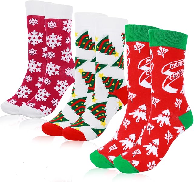 Cobee Christmas Socks for Men Women, 3 Pairs Hoilday Long Winter Socks Xmas Colorful Socks Novelty Santa Socks Mens Funny Socks New Year Gift Socks One Size