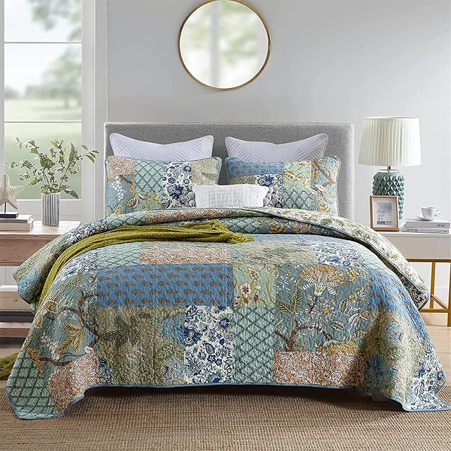 WONGS BEDDING 3-Piece Floral Vintage Patchwork Bohemian Bedspread with 2 Pillowcase Cotton Lightweight Quilt Coverlets for All Season Double Size 220x240 cm