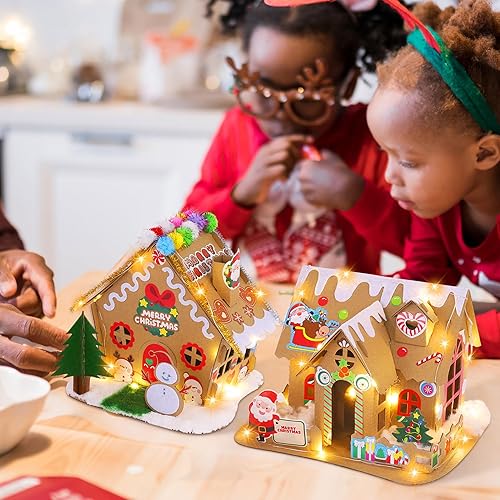 Miniatura 7 de Fovths Juego de 4 juegos de casa de jengibre de Navidad con luces LED, cartón, kit de manualidades de Navidad, decoración de casa de jengibre, hacer