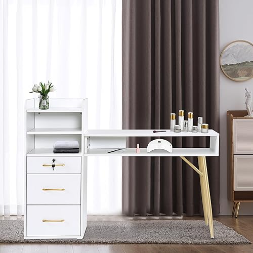 Miniatura 10 de BarberPub Mesa de manicura con 3 cajones y 4 estantes, escritorio de uñas con asas y patas doradas, mesa de uñas para tecnología de uñas, equipo de