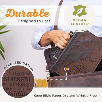 Christian Art Gifts Men's Classic Bible Cover The Lord is My Strength Lion Exodus 15:2, Brown Faux Leather, Medium