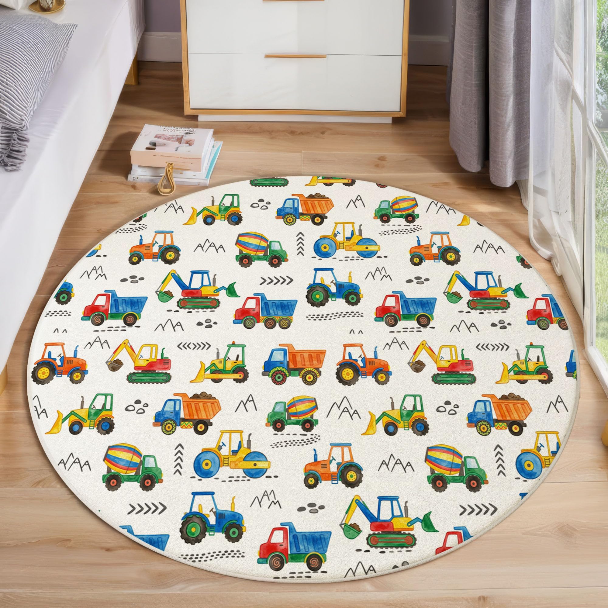 Tappeto Rotondo Veicoli Da Ingegneria a Pelo Corto - Rund 100cm, Tappeto Circolar Trattori Ed Escavatori, Fondo Antiscivolo, Lavabile in Lavatrice, Morbido per Cameretta dei Bambini, Scendiletto