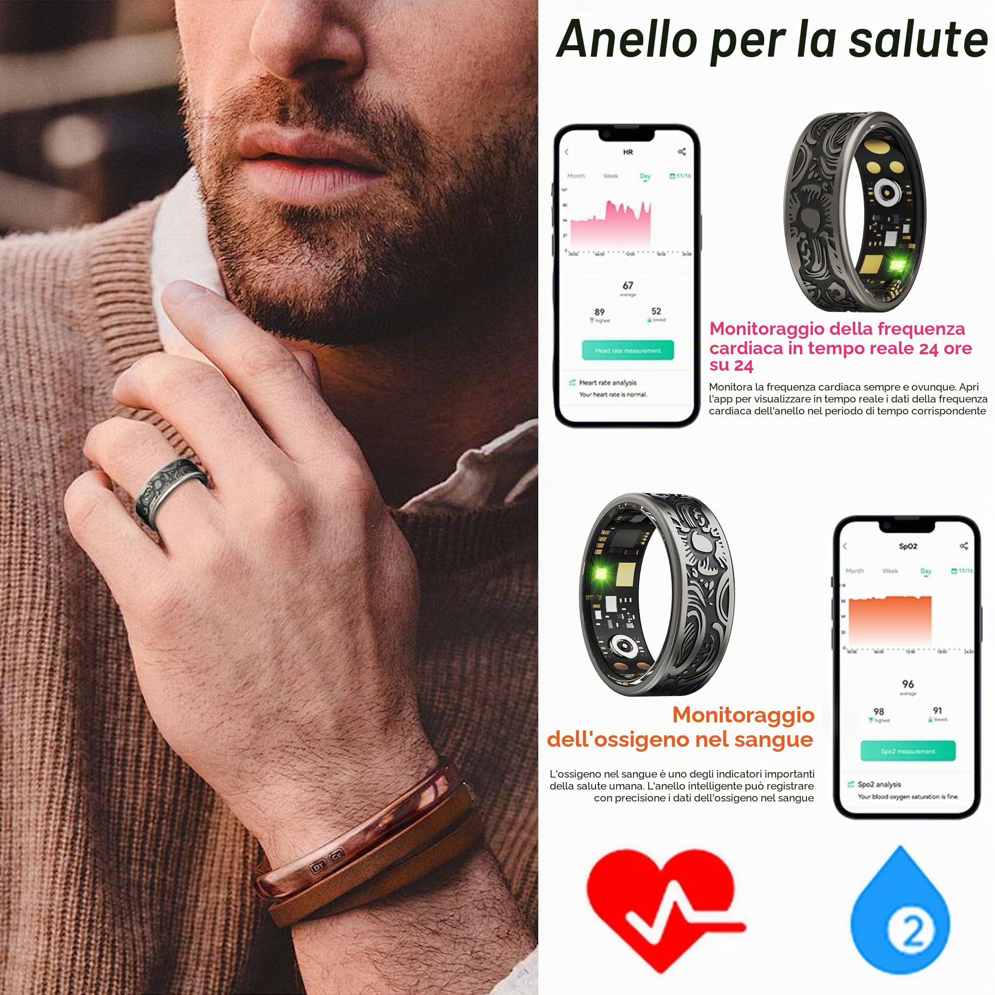 findtime Anello intelligente con cardiofrequenzimetro, anello per il sonno, fitness tracker per la pressione sanguigna, ossigeno nel sangue, contacalorie, contapassi, impermeabile, stile retrò,